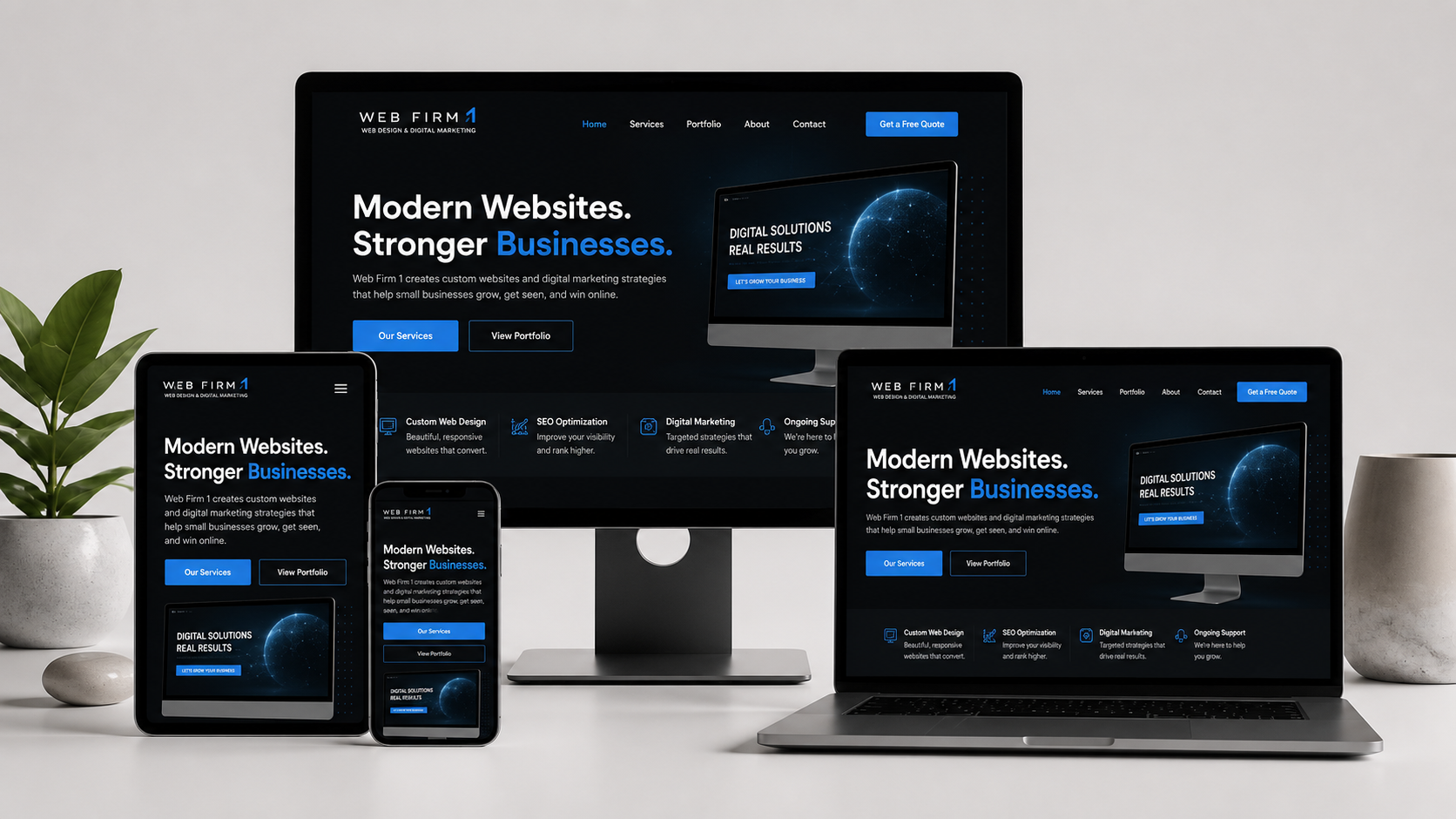 Web Firm 1 website design displayed on a desktop, laptop, tablet, and phone