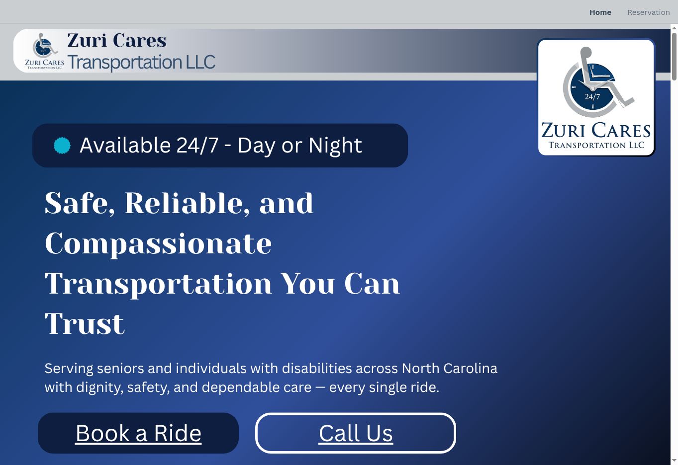 Screenshot of the Zuri Cares Transportation website homepage